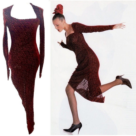 KARL LAGERFELD Collection FW 1994 Velvet Devoré Asymmetrical Red Velvet Dress xs - Picture 1 of 17